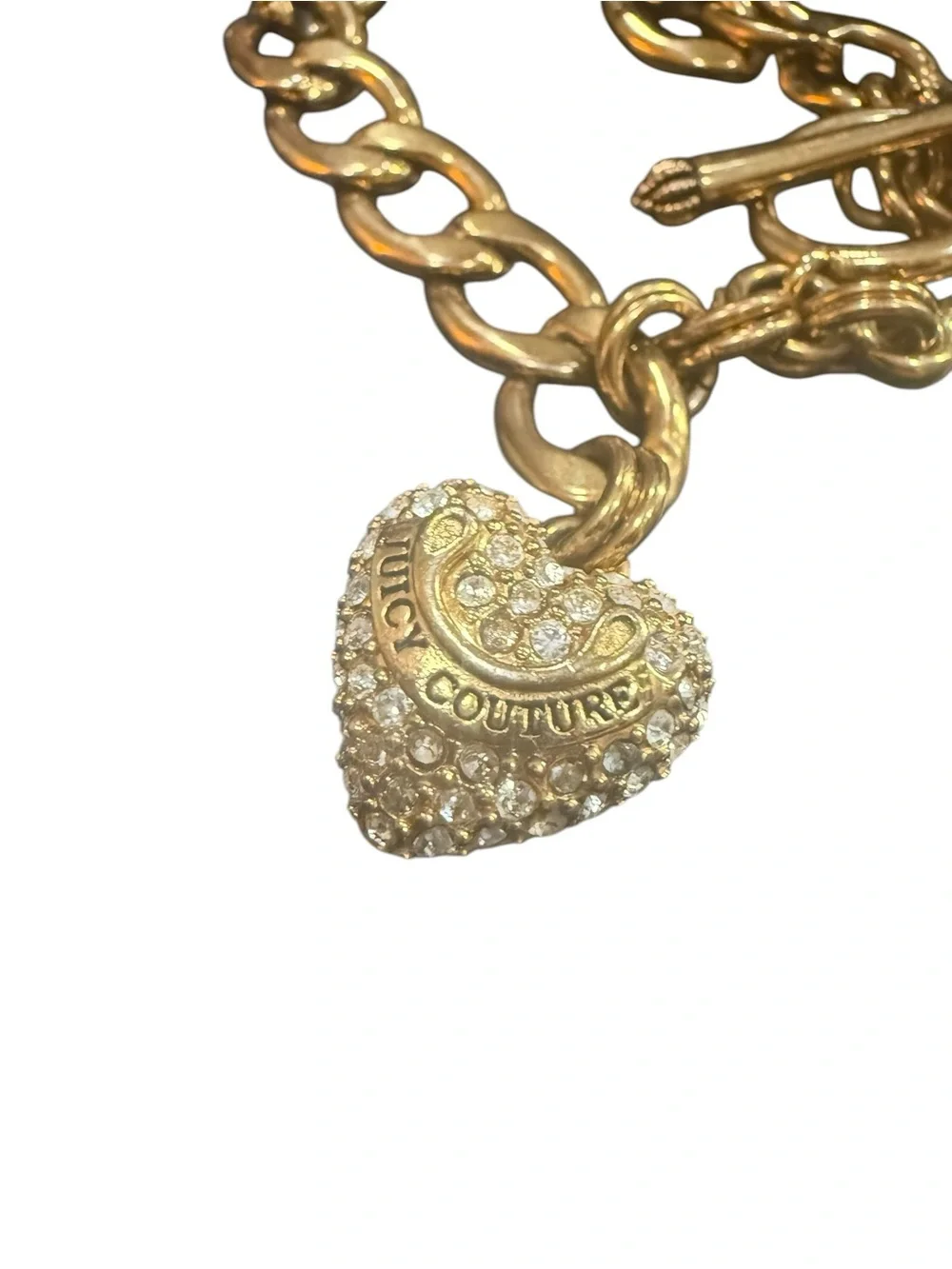 Juicy Couture Gold Tone Chunky Toggle Bracelet Pavé Crystal Heart Charm Y2K